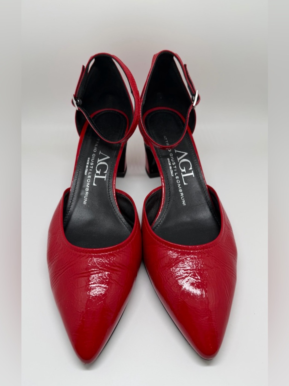 AGL Red Leather Pointed-Toe Ankle-Strap Pumps Sz 39